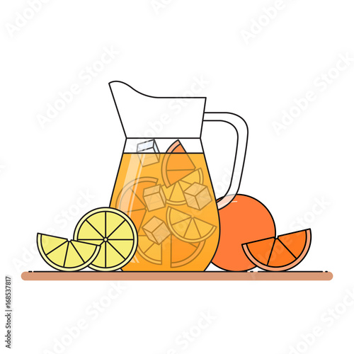 Orange lemonade with citrus slices, ice and meant in jug, cut lemon and orange. Isolated on white background.