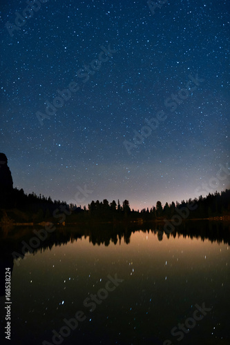 Milky Way and mountain lake with reflected stars