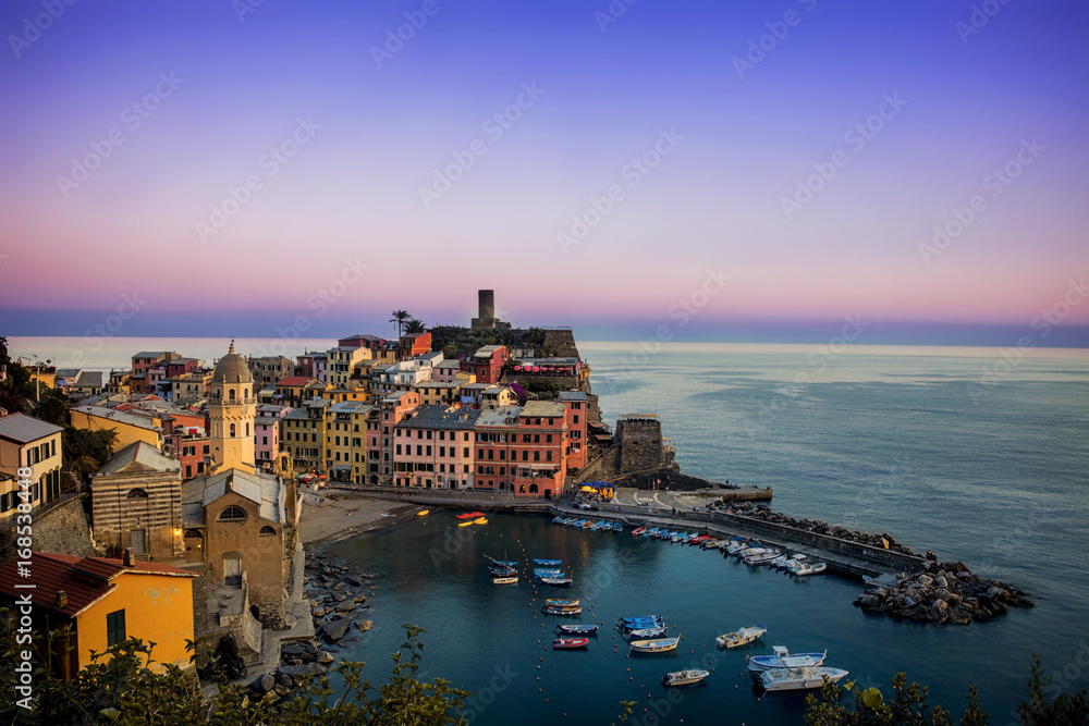 Dusk over Vernazza, one of the towns of the Cinque Terre on the Italian coast