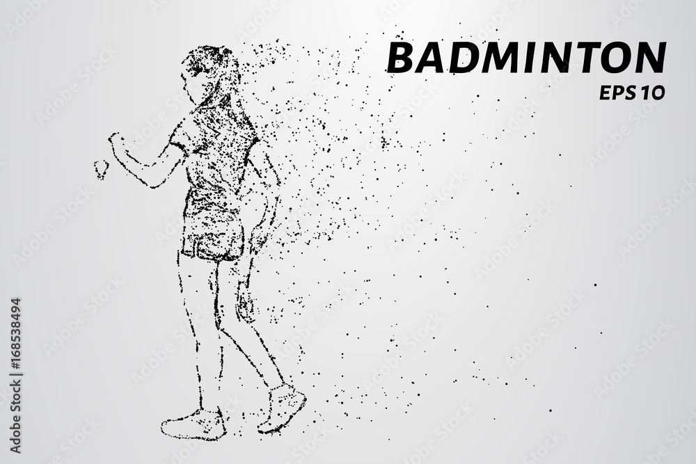 Badminton consists of particles. Badminton player preparing to receive serve. Vector illustration.