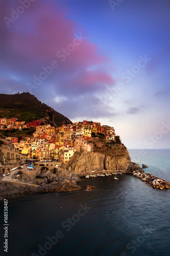 Dusk over Manarola, one of the towns of the Cinque Terre on the coast of Italy