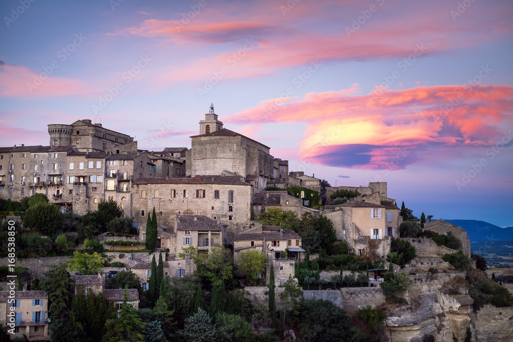 Sunset in provence - France. Small town called Gordes during a sunset. Natural background. landscape