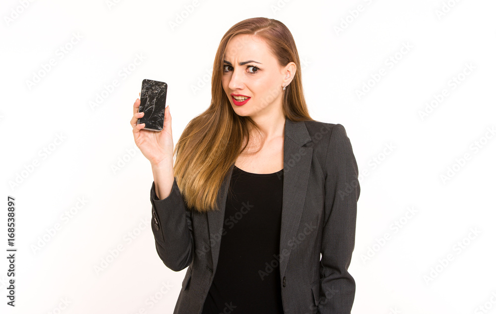 Young business woman with broken phone Young business woman with broken phone