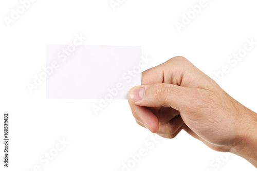 Male hand holding a business card