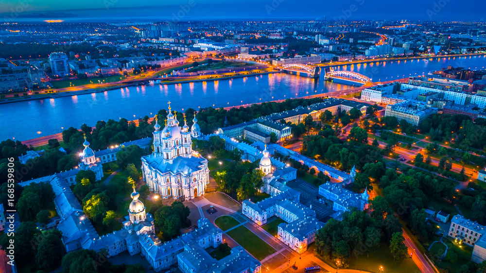 Smolensky temple. St. Petersburg view of the Neva River.