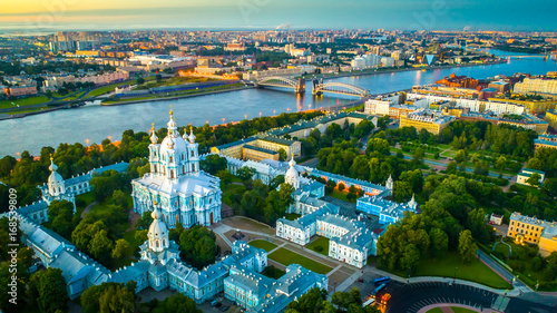 Smolensky temple with a view of Bolsheokhtinsky bridge. St. Petersburg view of the Neva River. photo