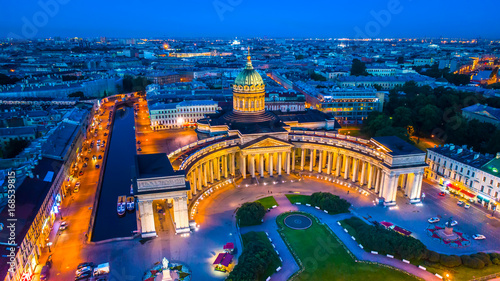Kazan Cathedral on the Griboedov Canal. Night view of St. Petersburg from the air.