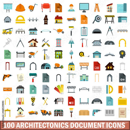 100 architectonics document icons set, flat style