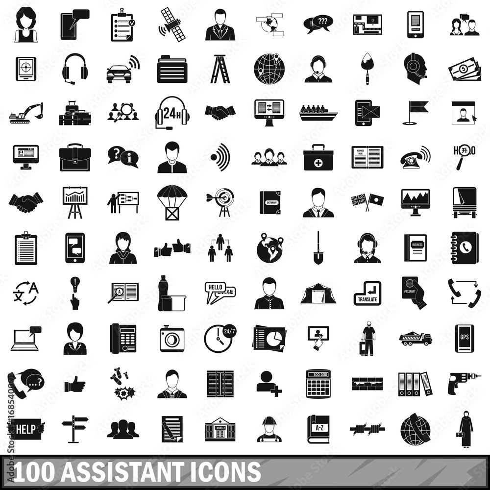 100 assistant icons set, simple style 100 assistant icons set, simple style