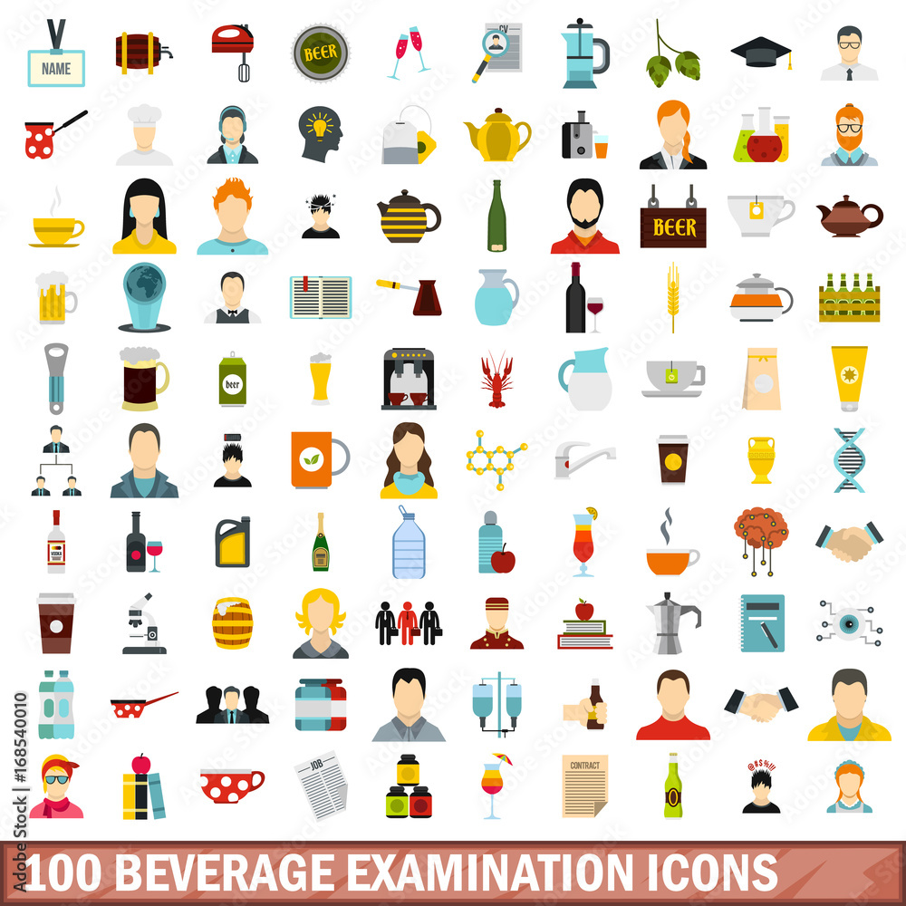 100 beverage examination icons set, flat style