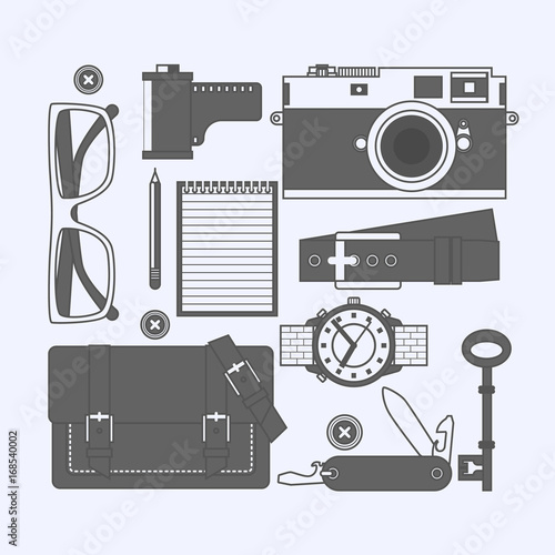 Things a man carries with him watch, keys, notebook, knife, glasses, belt, purse, camera, film. Flat ector illustration.