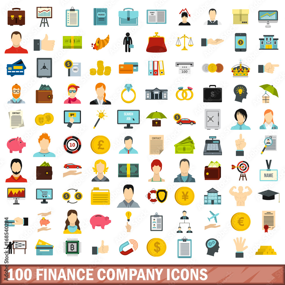 100 finance company icons set, flat style 100 finance company icons set, flat style