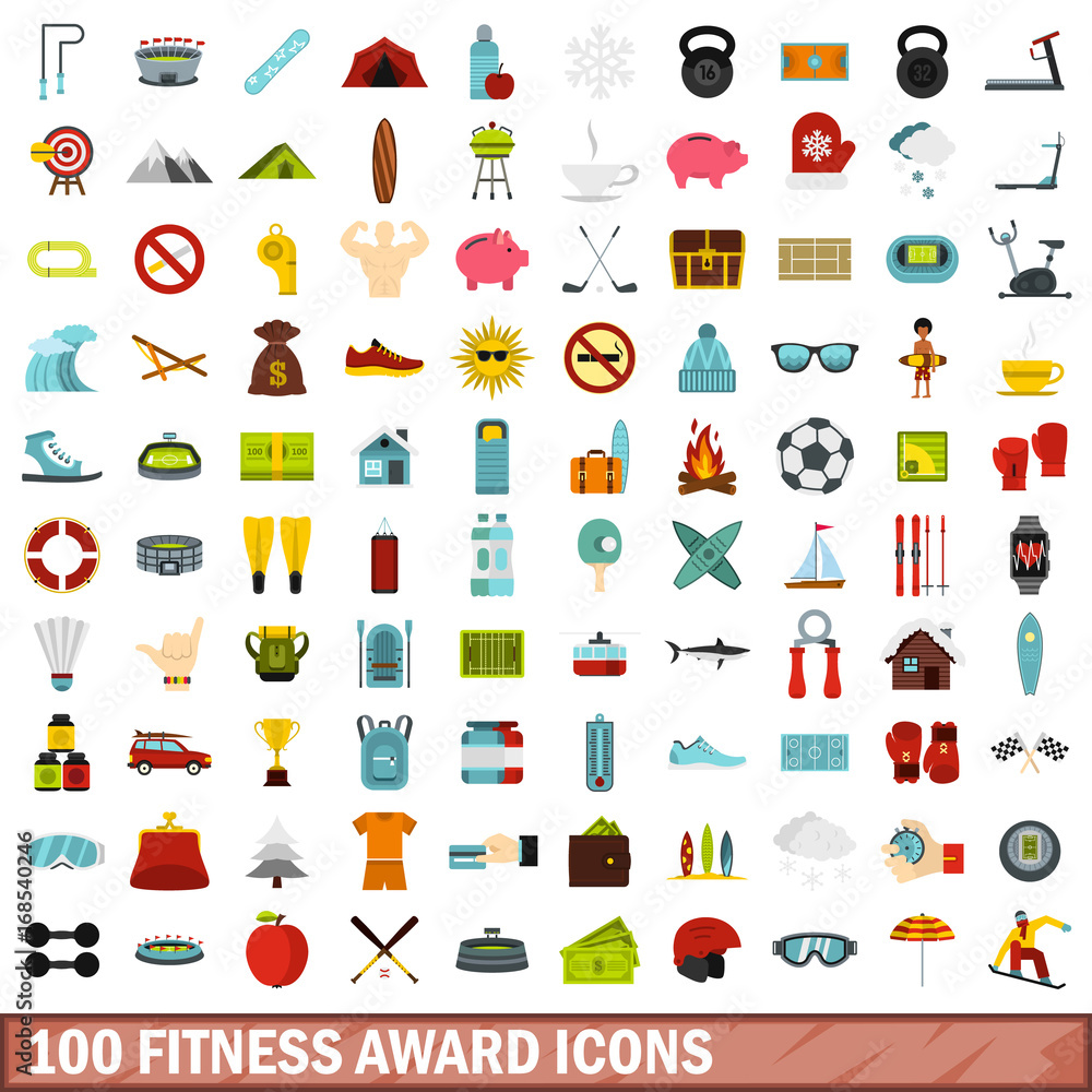 100 fitness award icons set, flat style