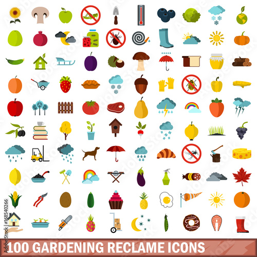 100 gardening reclame icons set  flat style