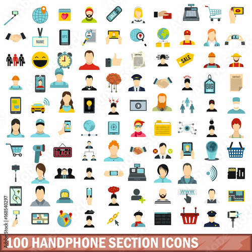 100 handphone section icons set, flat style