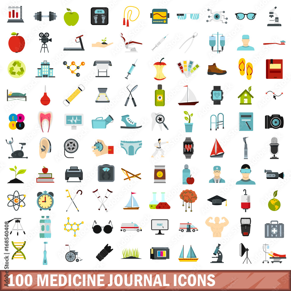 100 medicine journal icons set, flat style 100 medicine journal icons set, flat style