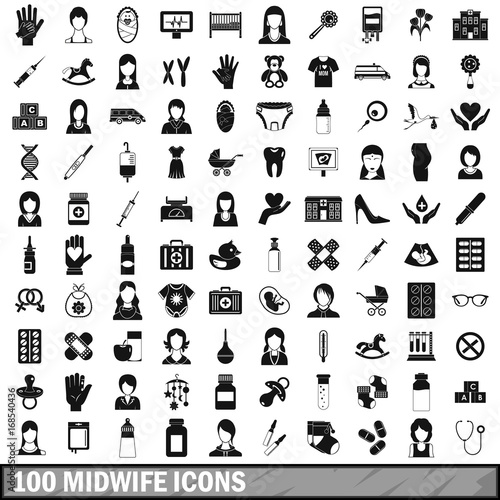 100 midwife icons set, simple style 