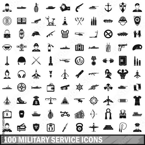 100 military service icons set, simple style 