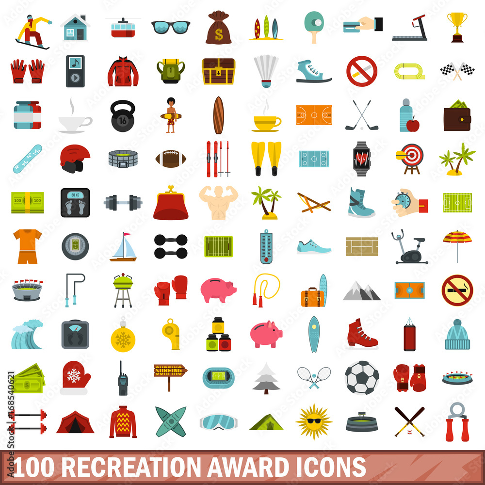 100 recreation award icons set, flat style 100 recreation award icons set, flat style