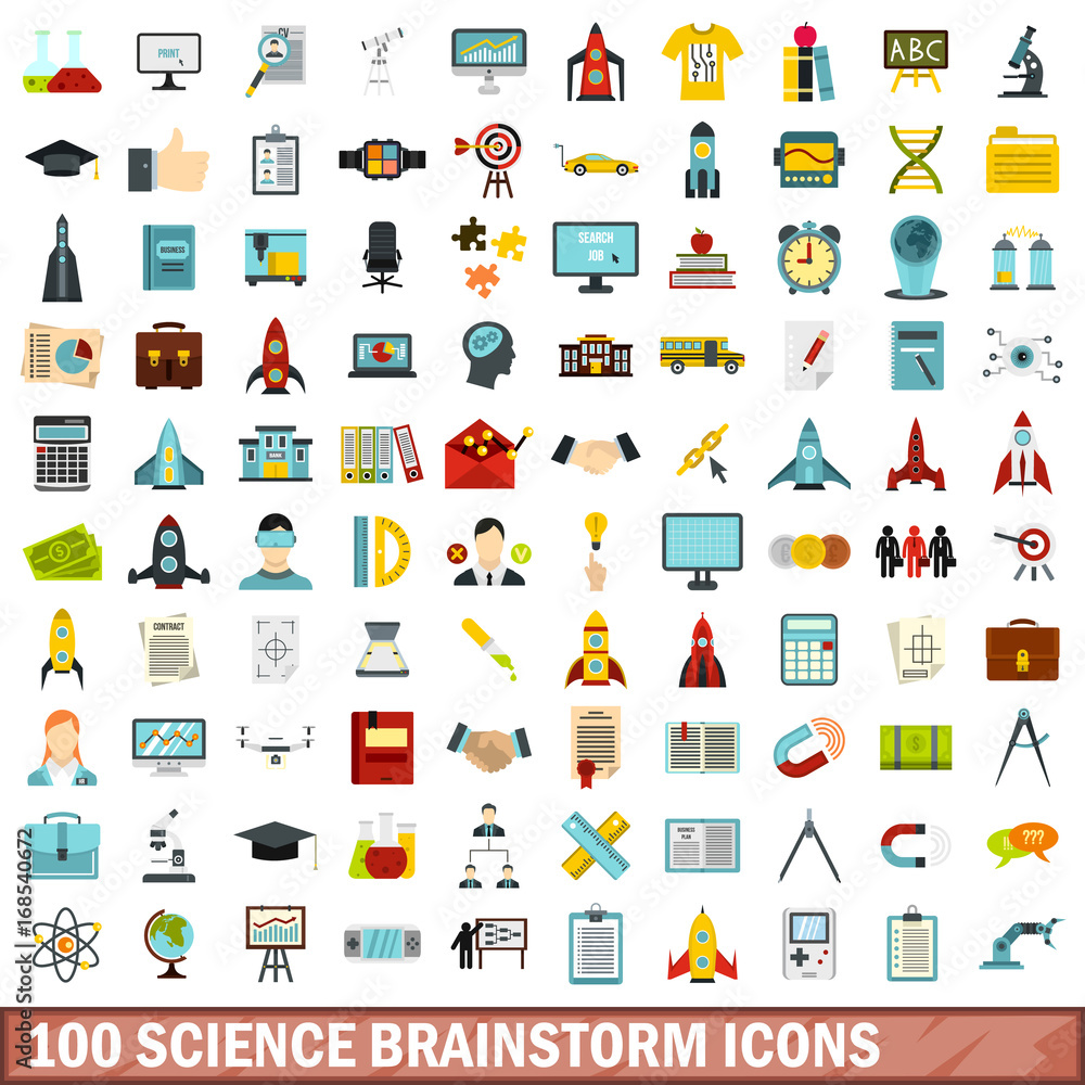 100 science brainstorm icons set, flat style 100 science brainstorm icons set, flat style