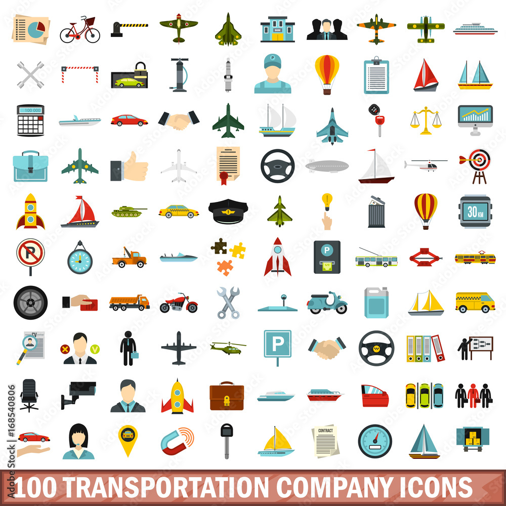 100 transportation company icons set, flat style