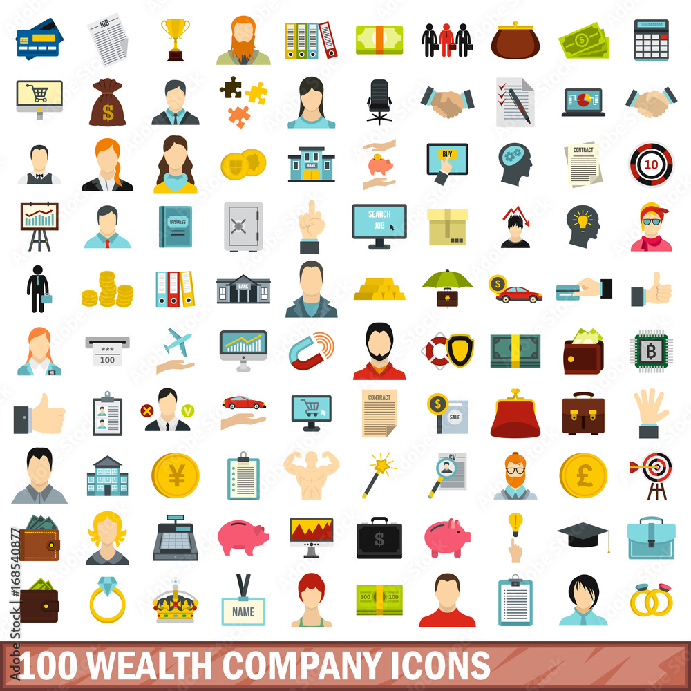 100 wealth company icons set, flat style 100 wealth company icons set, flat style