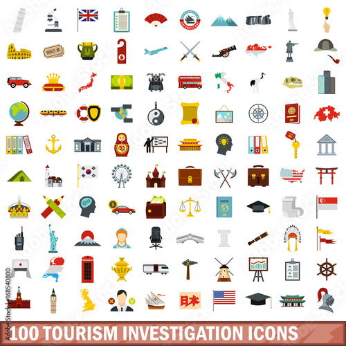 100 tourism investigation icons set, flat style