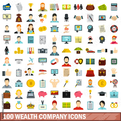 100 wealth company icons set, flat style