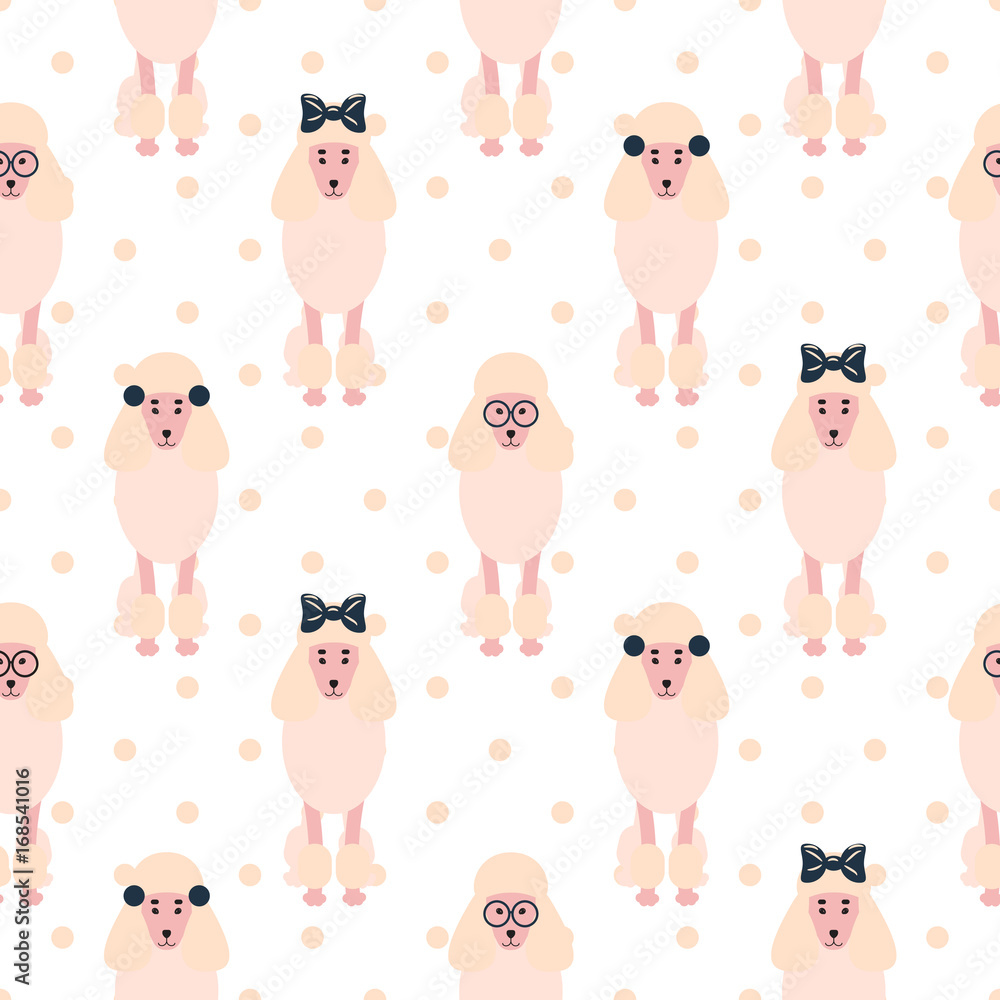 Poodle cute pink dog girlish seamless vector polkadot pattern. Light