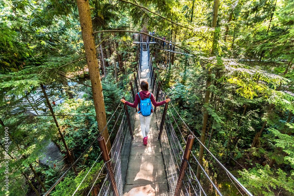 Fototapeta premium Kanada podróży turystycznych kobieta spaceru w słynnej atrakcji Capilano Suspension Bridge w North Vancouver, British Columbia, kanadyjskim miejscu wypoczynku dla turystyki.