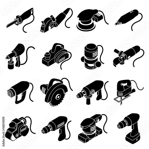 Electric tools icons set, simple isometric style