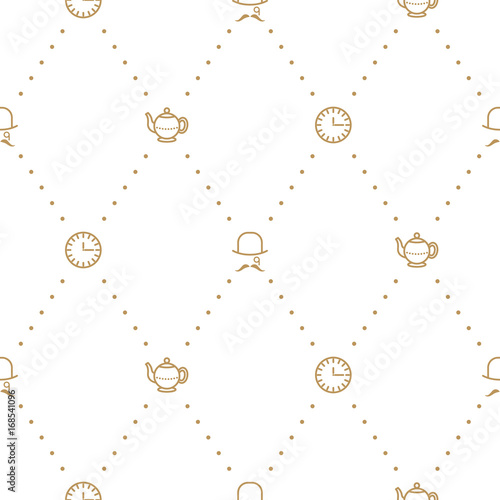 English tea party elegant gold on white line vector pattern. Dashed lines, teapot, clock and gentleman seamless background.
