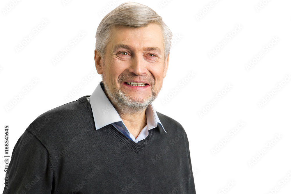 Smiling mature man close up. Portrait of elderly white-skined man smiling on white background. Smiling mature man close up. Portrait of elderly white-skined man smiling on white background.
