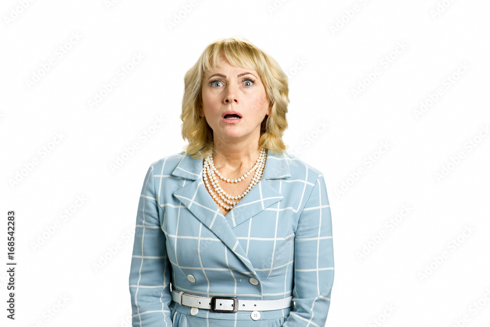 Portrait of shocked mature woman. Confused white-skin woman with open ...