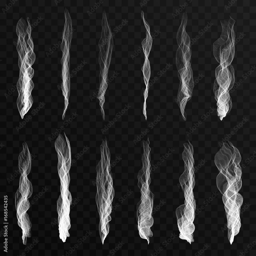 Fototapeta premium Smoke waves set on transparent background. Cigarette smoke waves, hot steam, mist