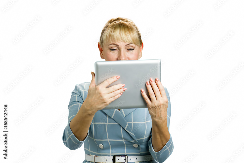 Portrait of woman with computer tablet. Mature woman holding digital tablet isolated on white background. Portrait of woman with computer tablet. Mature woman holding digital tablet isolated on white background.