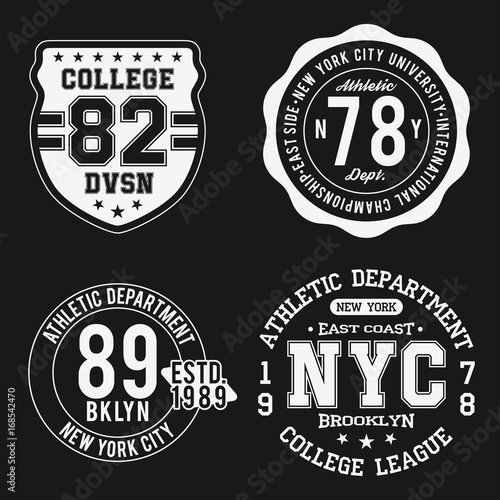 Vintage badges set, athletic sport typography for t shirt print. Varsity style. T-shirt graphic