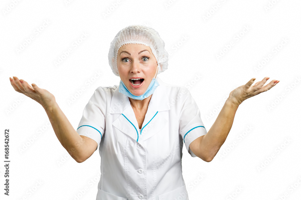 Happy female doctor with arms up. Excited mature nurse or doctor looking surprised isolated on white background. Happy female doctor with arms up. Excited mature nurse or doctor looking surprised isolated on white background.