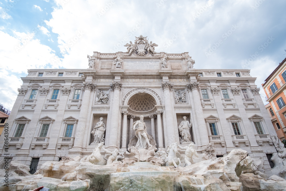 The Fontana di Trevi or Trevi Fountain. the fountain in Rome, Italy. It is the largest Baroque fountain in the city and the most beautiful in the world.