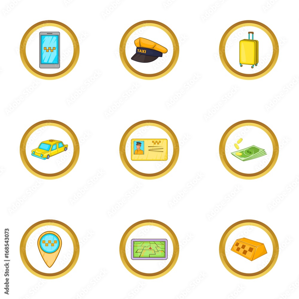 Taxi icons set, cartoon style Taxi icons set, cartoon style