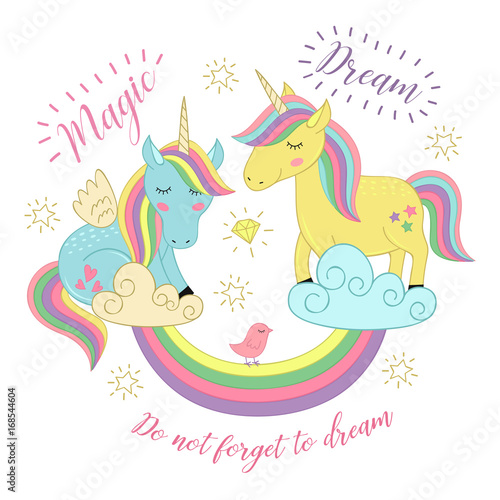 card with unicorns on the rainbow  - vector illustration, eps

