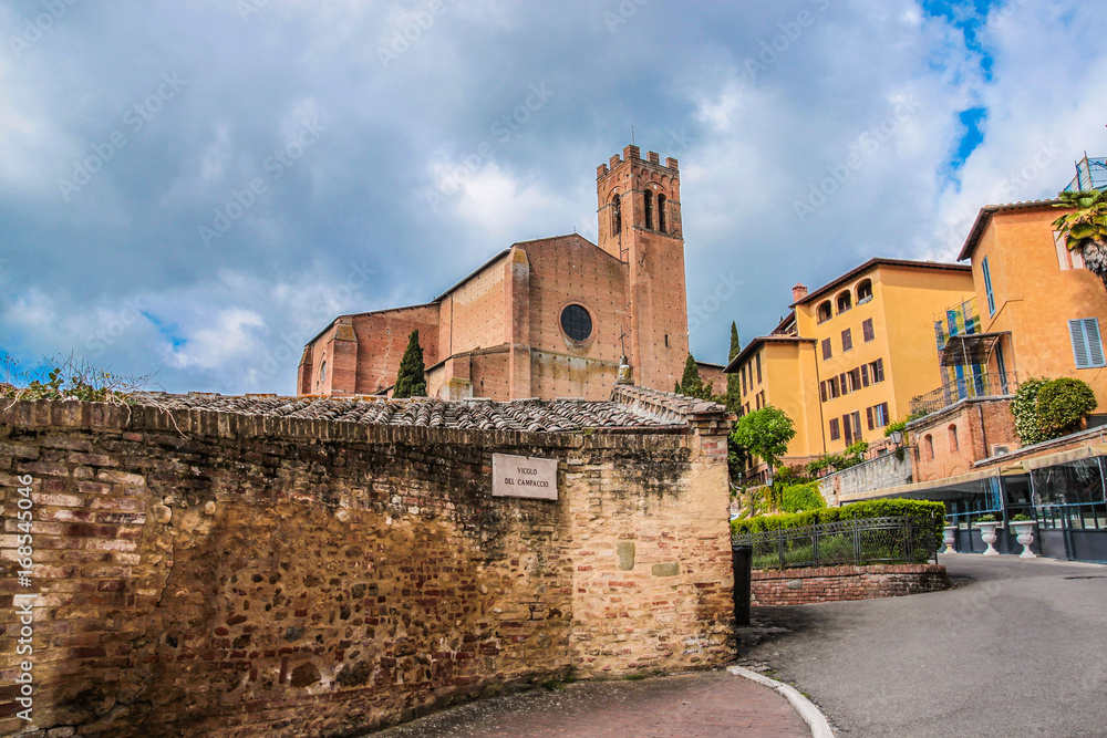 View of Siena and Basilica of San Domenico (Basilica Cateriniana) is basilica church in Siena, Tuscany, Italy