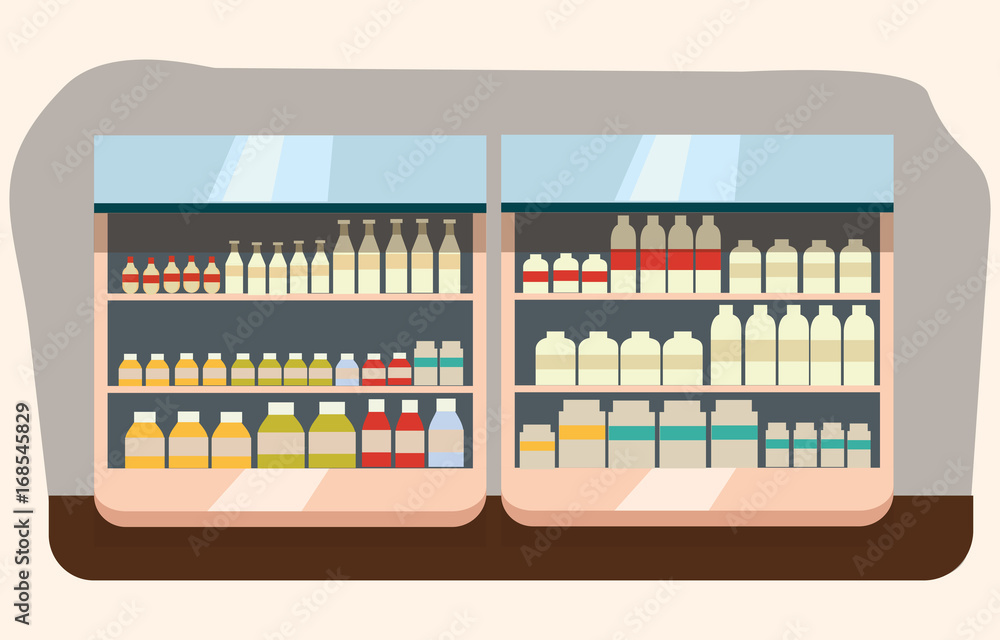 dairy department, milk shelf with fresh healthy food in supermarket, big choice of organic farm products sale in food shop interior, store with yogurt and cheese vector illustration dairy department, milk shelf with fresh healthy food in supermarket, big choice of organic farm products sale in food shop interior, store with yogurt and cheese vector illustration