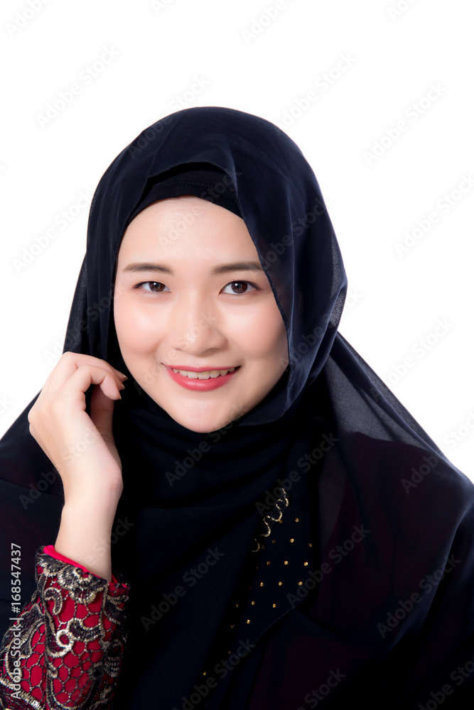 Portrait of beautiful muslim asian woman isolated on white background with happy muslim woman, Age 20-30 years. Portrait of beautiful muslim asian woman isolated on white background with happy muslim woman, Age 20-30 years.