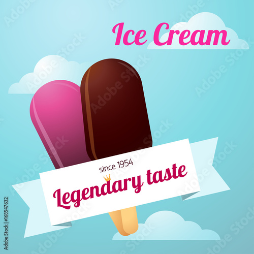 Ice cream Vector illustration Trendy poster with ice cream and white banner with inscription on sky background Berry and chocolate ice cream on stick