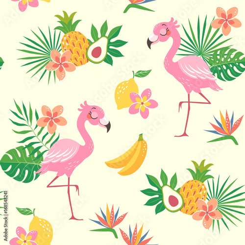 Cute seamless pattern of a flamingo bird with tropical flowers, leaves and fruit.