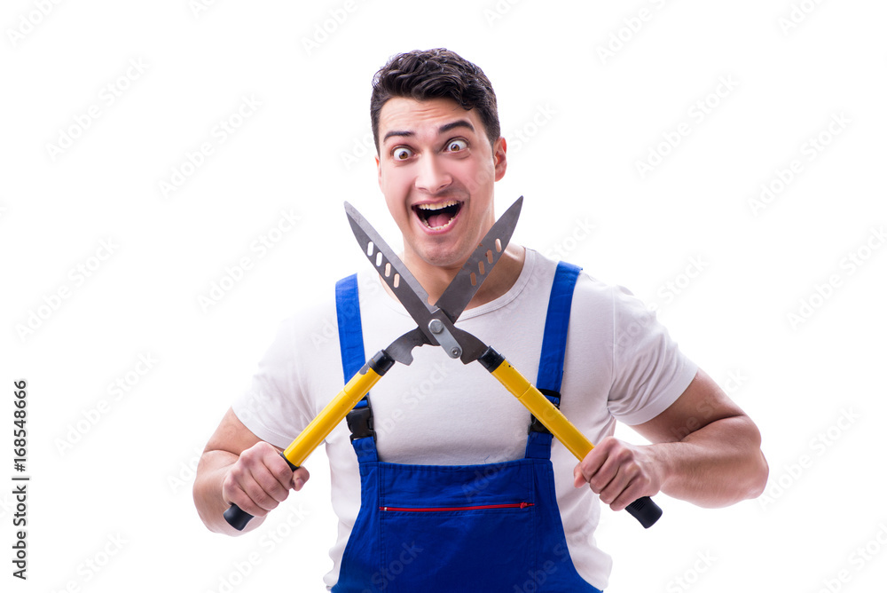 Man gardener with gardening scissors on white background isolate Man gardener with gardening scissors on white background isolate