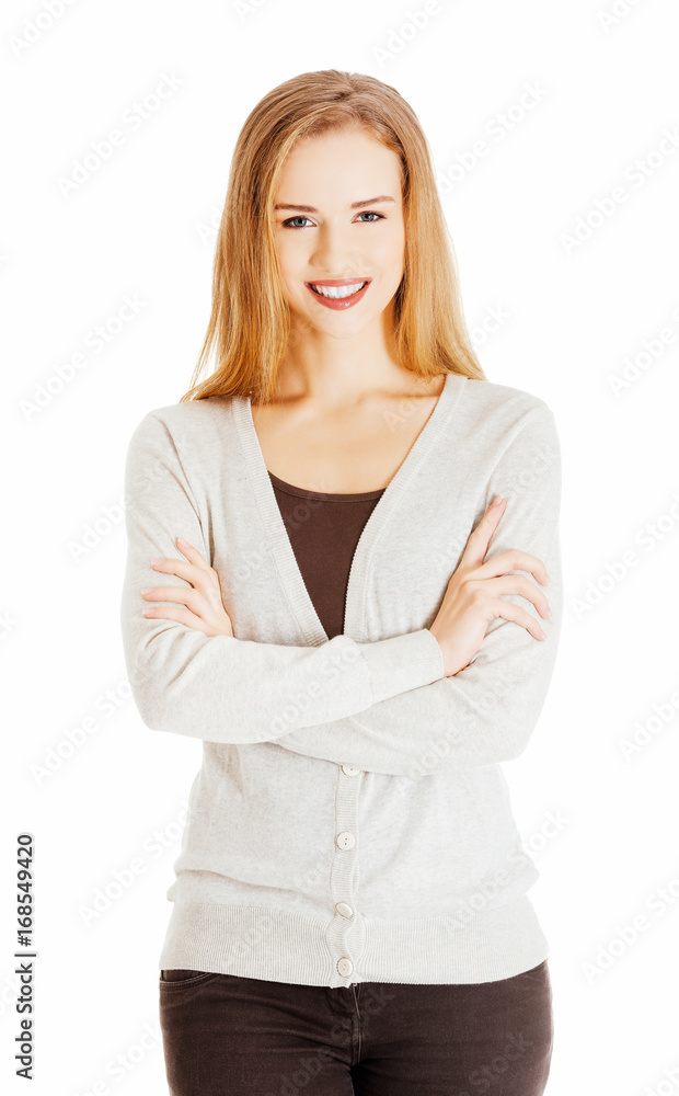 Beautiful casual smiling woman with crossed hands. Beautiful casual smiling woman with crossed hands.