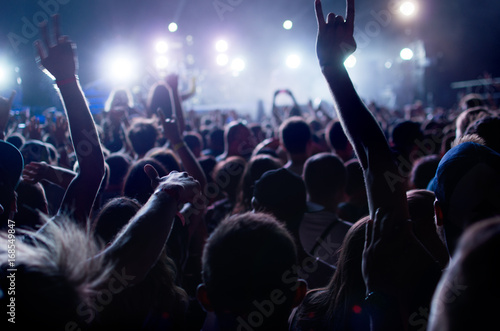 silhouettes of people at a concert in front of the scene in bright light.