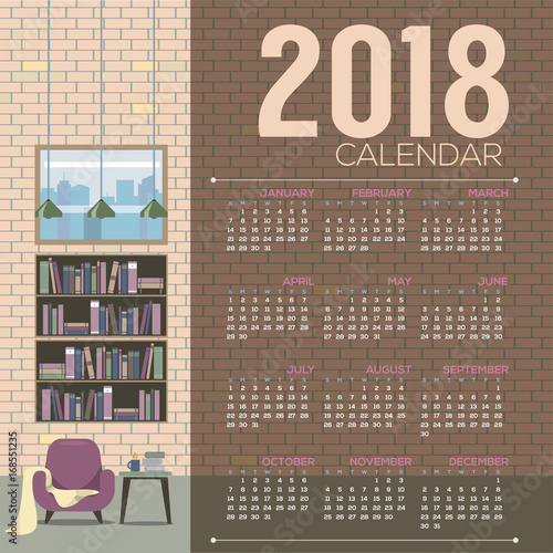 2018 Cozy Living Room Flat Design Printable Calendar Starts Sunday Vector Illustration